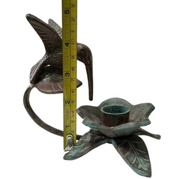 Bronze Hummingbird & Flower Sculpture Candle Holder Bird Floral Leaves Verdigris - Picture 10 of 14
